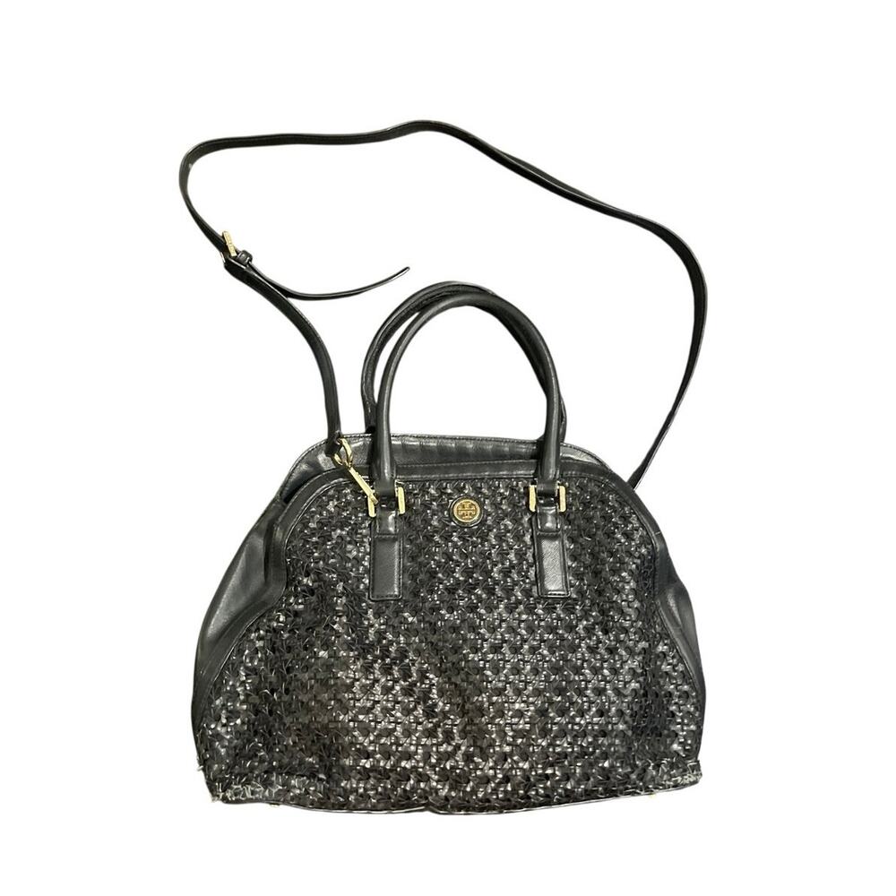 Tory Burch Logo Robinson Black Basket Woven Leather Satchel Tote Handbag Classic